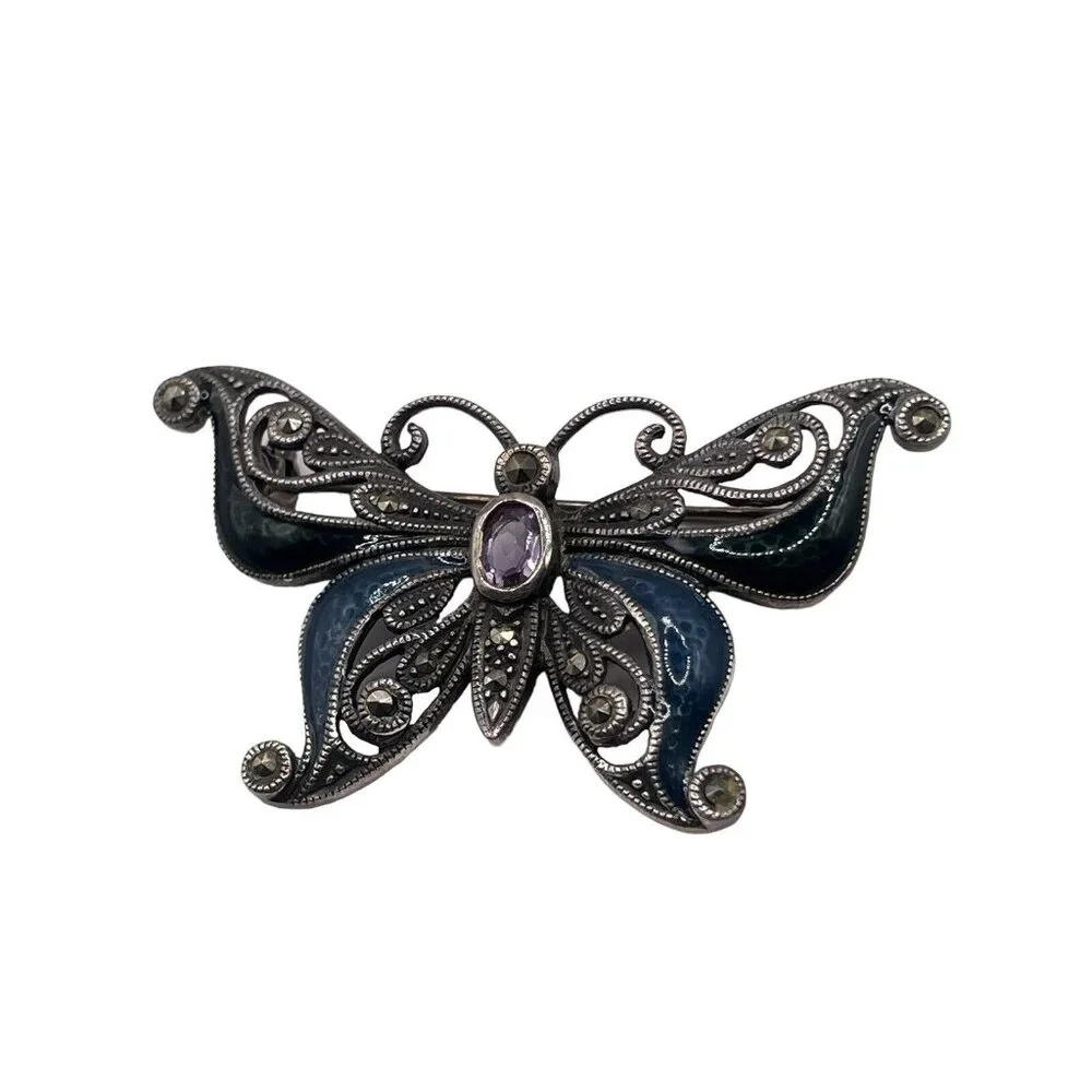 Sterling Silver 925 Faceted Amethyst Marcasite Enameled Butterfly Brooch Pin VTG